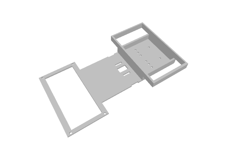 CAD of the custom 3D-printed chassis — castor/battery side shared, elevated Arduino mount, and screw-in PCB holder.