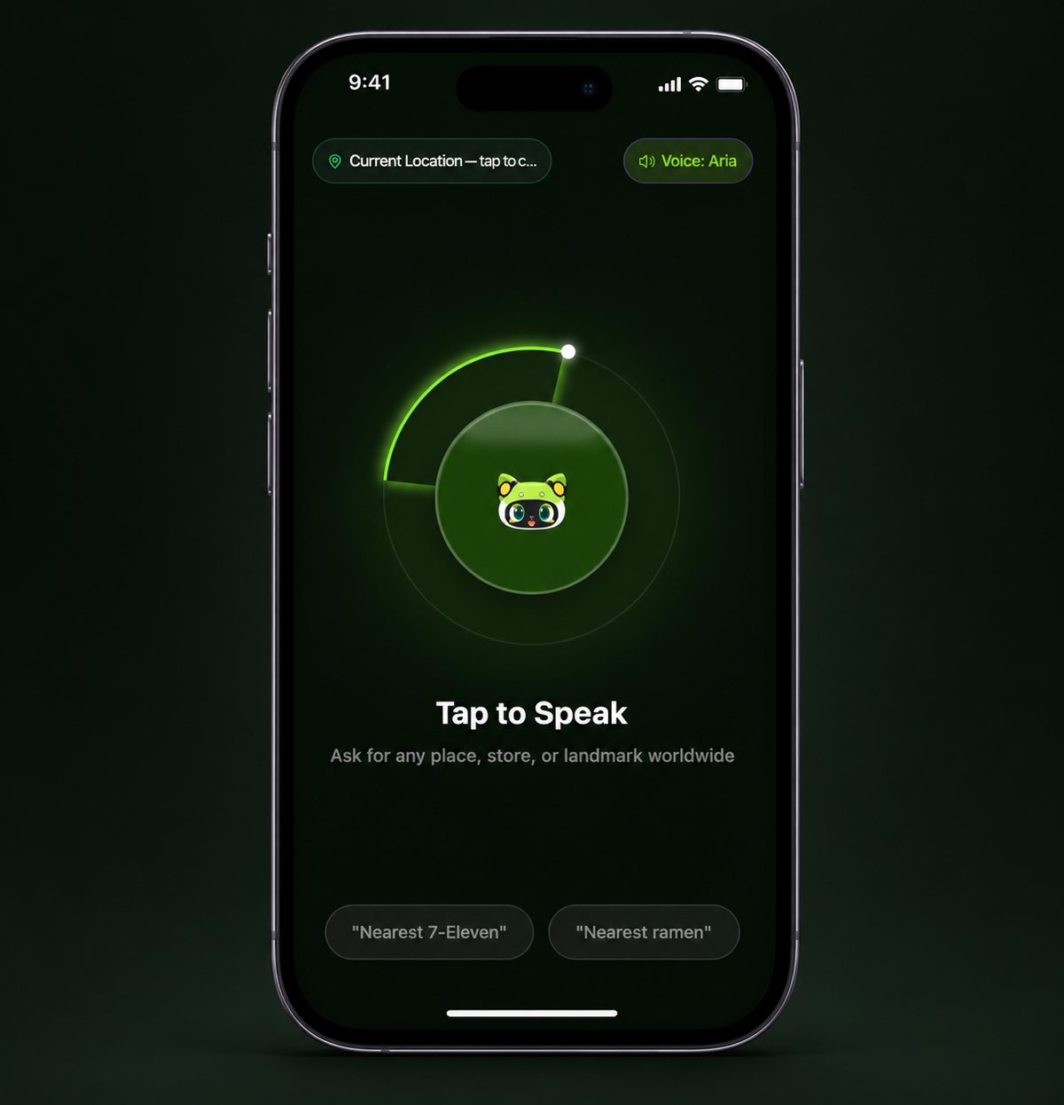 Scout Connect, the companion app: tap-to-speak destination entry over an accessible, high-contrast interface with haptic and audio confirmation.