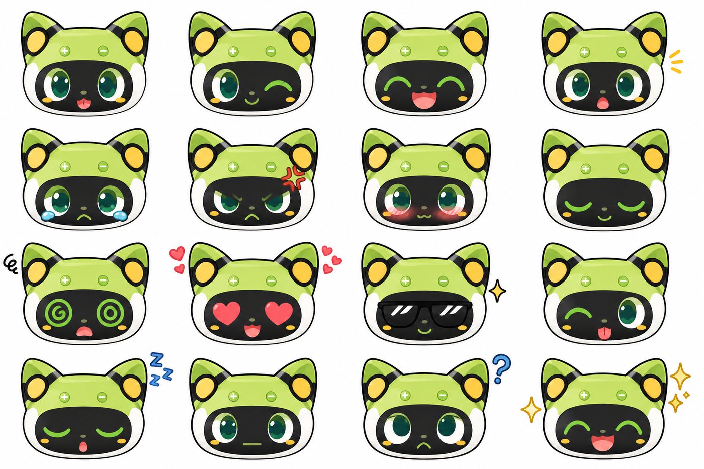 The 16-state expression sheet. Each face is triggered by a ROS2 event — route found, red light, obstacle detected, arrival — so the robot's next move reads at a glance.