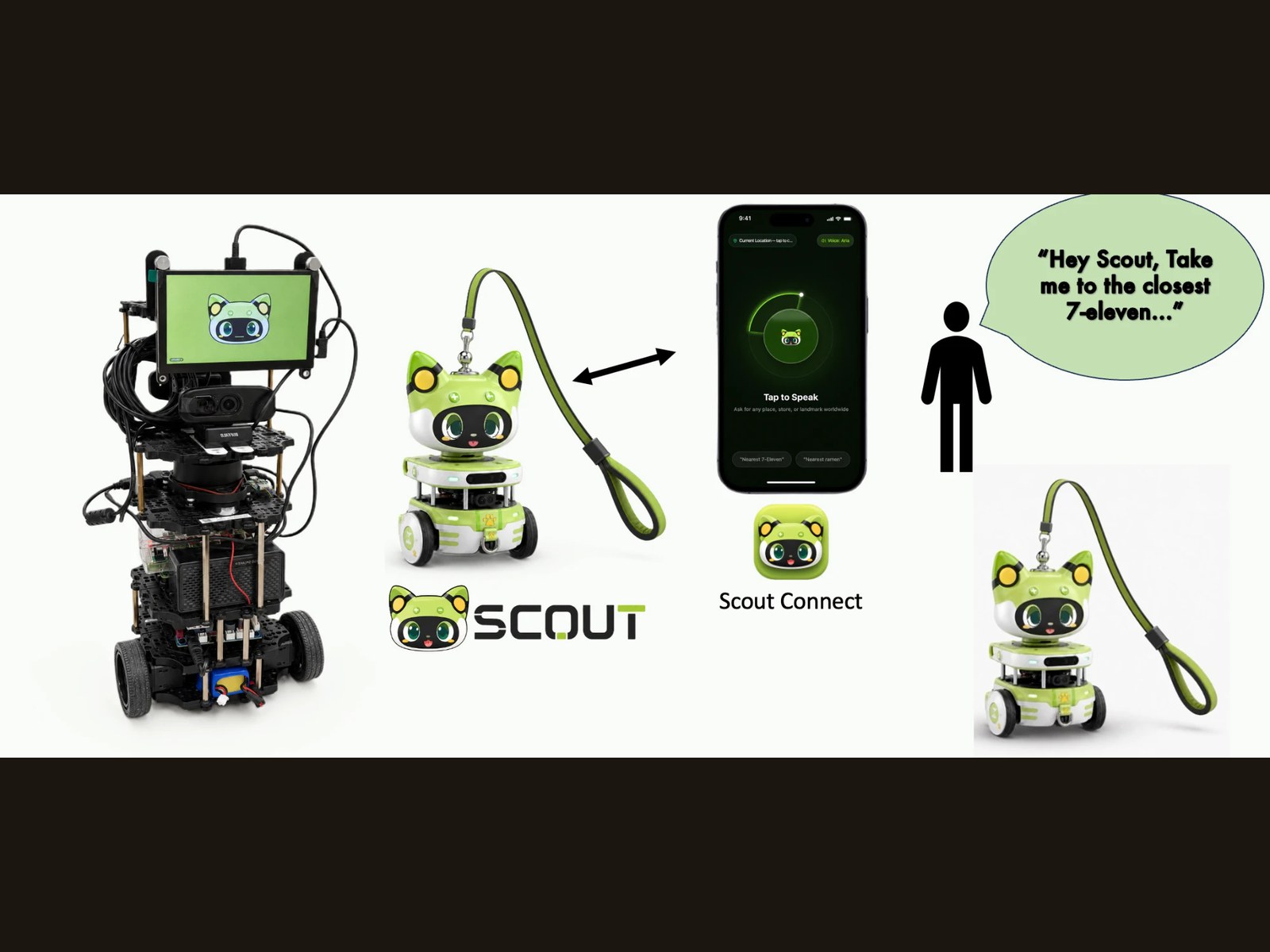 Scout end to end: the real TurtleBot3 build, the mascot concept, Scout Connect on a phone, and the 'Hey Scout, take me to the closest 7-Eleven' voice interaction it's designed around.